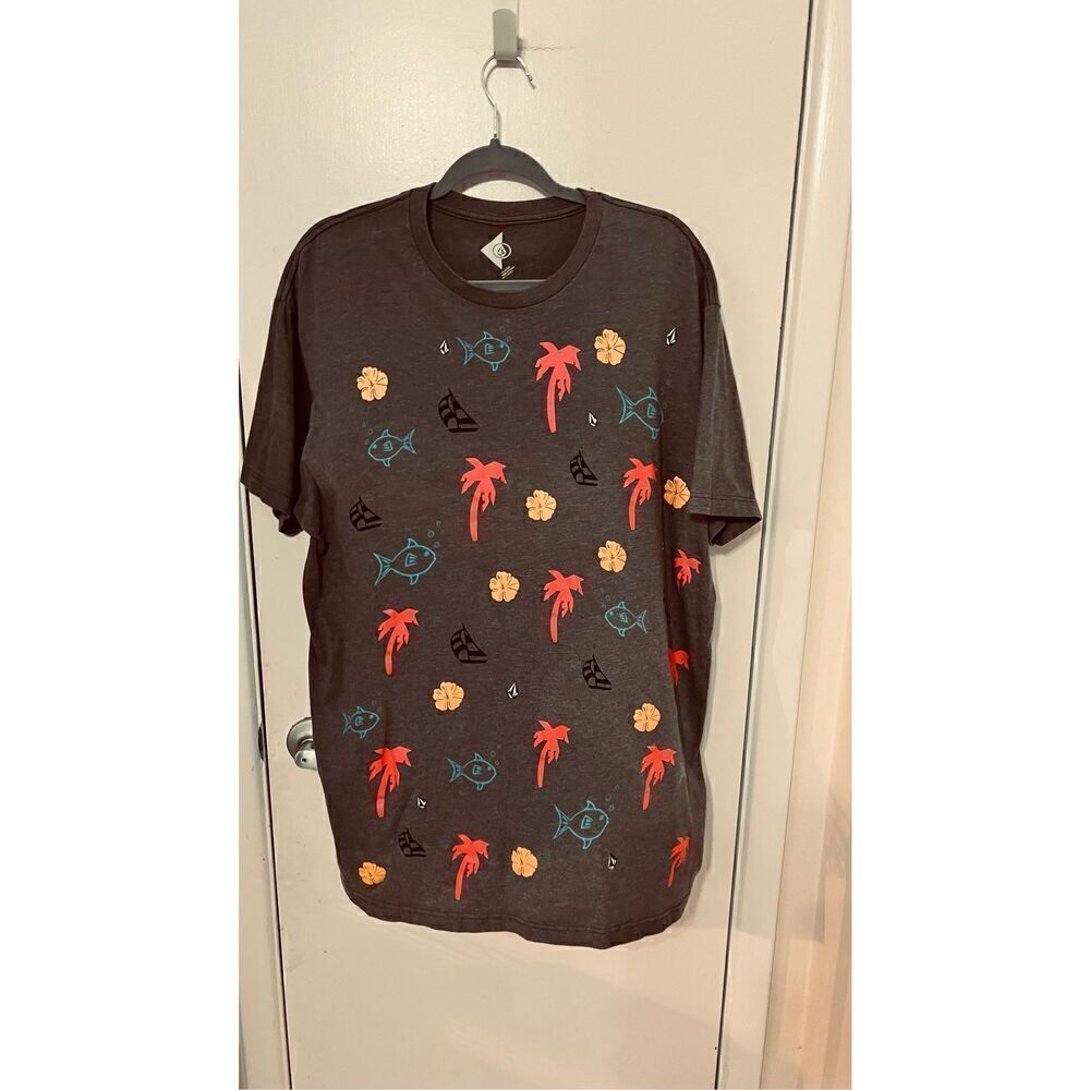 Volcom Mens T Shirt Diamonds Palm Trees Fish Boats Gray SZ XL